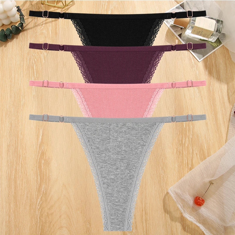 4Pc G-String Cotton Lace Women Thongs Lingerie Low Rise Panties Adjustable Waistband Straps Hipster Underwear For Girl Intimates