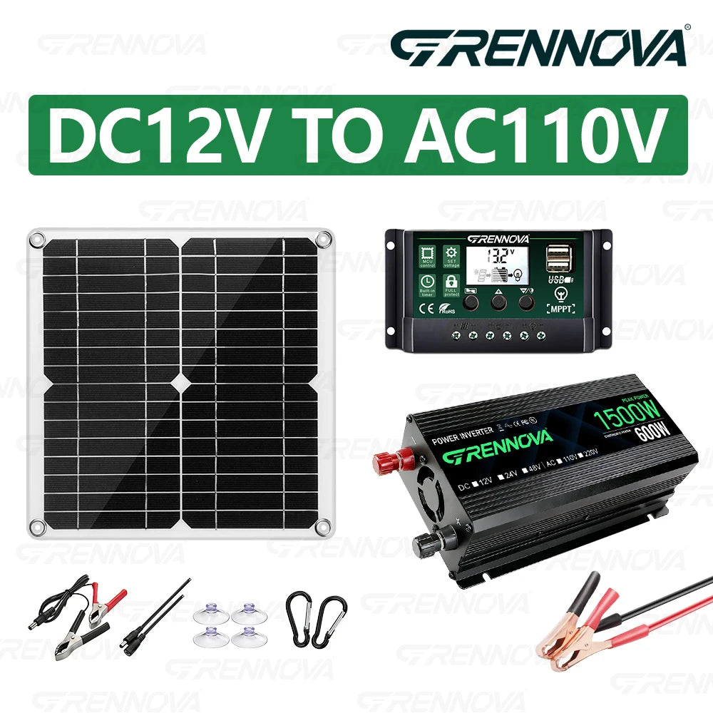 Grennova Solkraftsystem – Ren Sinusvåg 750W/1500W + 30W Solpanel + 60A MPPT 12V 110V/220V Bil Husbil Hem CE
