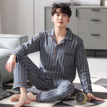 Herr Pyjamas Set – Långärmad & Långa Byxor Tunn Polyester Året Runt Plus Size, 5 Färger M–4XL