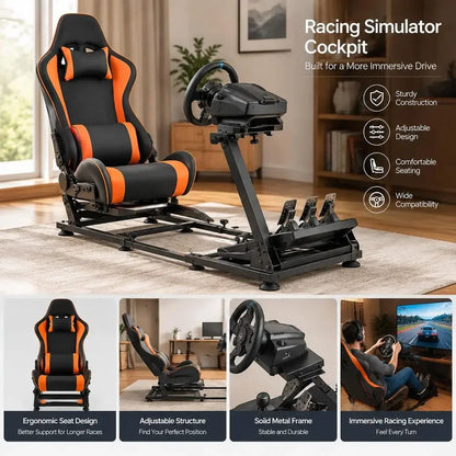 Racing Simulator Cockpit 1420 X 615 X 1030 Mm, Matte Black Carbon Steel Frame, PVC Seat, Foldable Dual Arm for Gaming