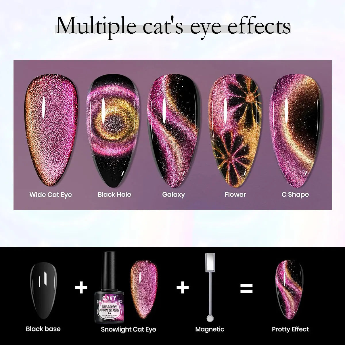 GAVY 5-Piece Two-Color Cat's Eye Gel Nail Polish Set + Black Base Gel + Magnetic Stick, for DIY Nail Art
