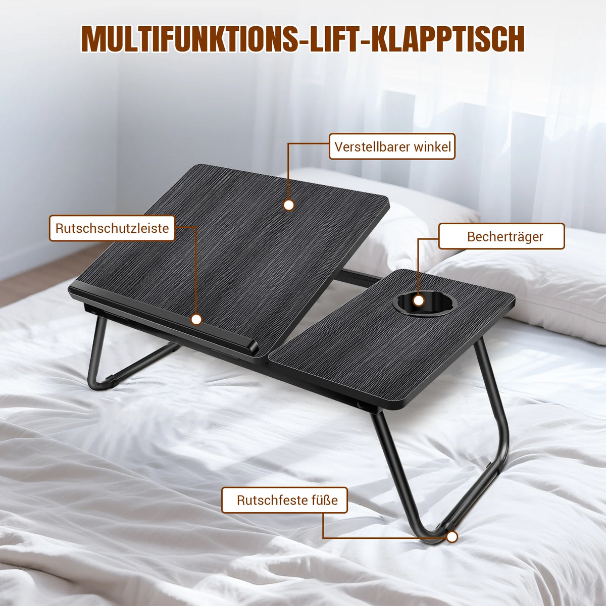Laptop Table 5-step height adjustable laptop table for bed with folding table legs Cup holder reading stand laptop holder breakfast tray and bookend