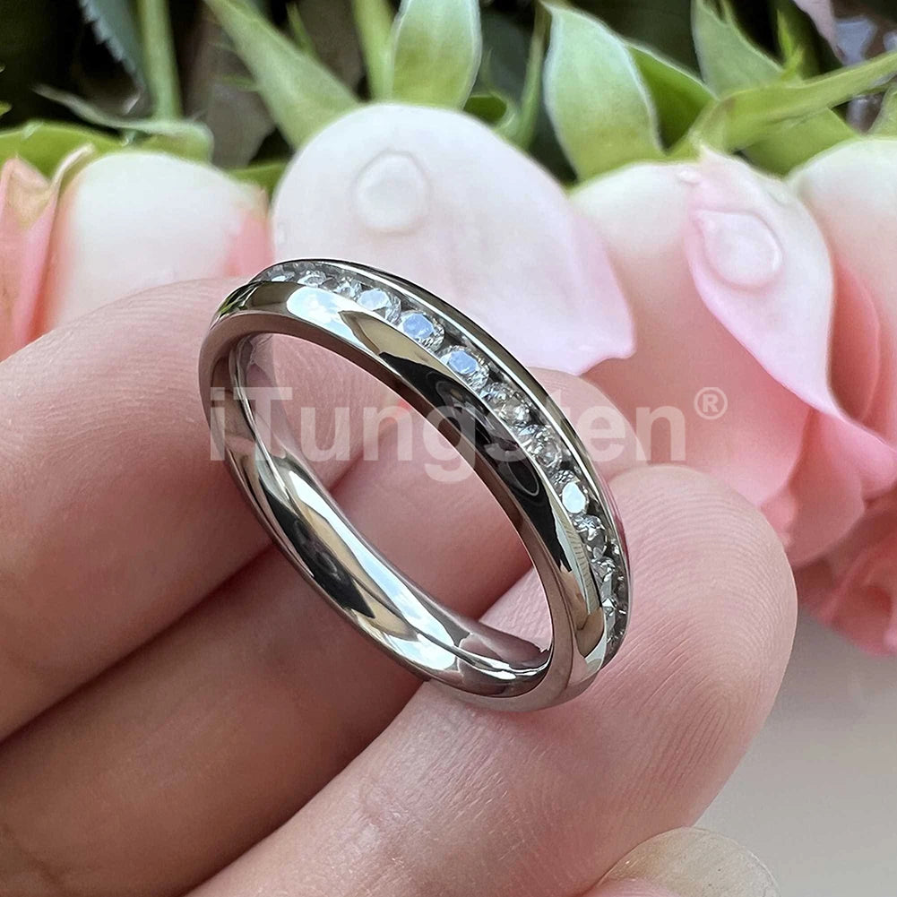 ITungsten 2/3/4mm Men Women Titanium Princess Cubic Zirconia CZ Inlay Ring Nice Eternity Engagement Wedding Band