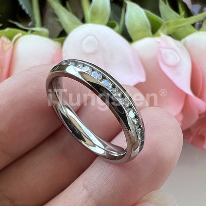 ITungsten 2/3/4mm Men Women Titanium Princess Cubic Zirconia CZ Inlay Ring Nice Eternity Engagement Wedding Band