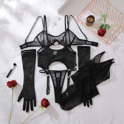 Mesh Lingerieset med Strumpor – Ultra-tunn, Andningsbar, Formande BH & Trosa