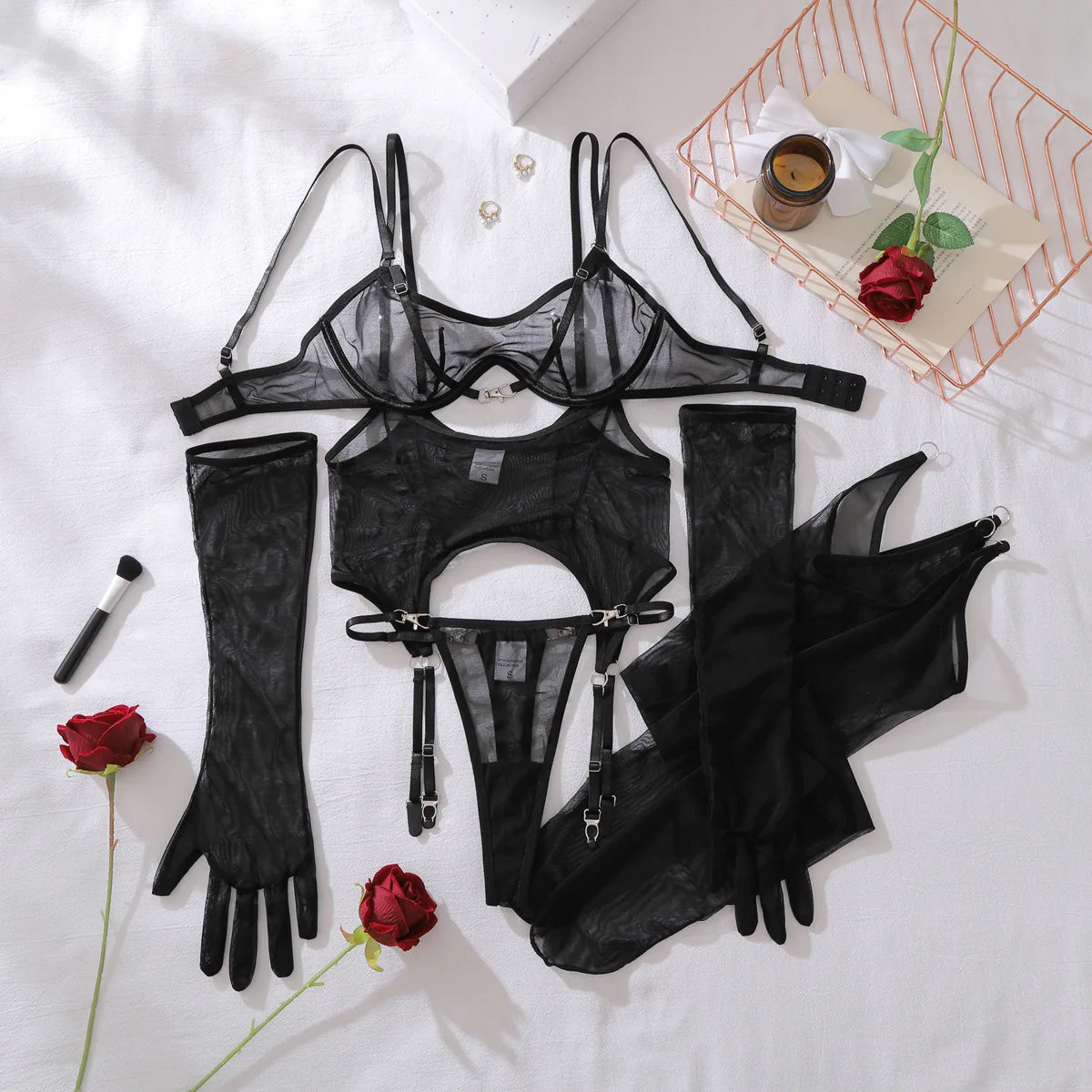 Mesh Lingerieset med Strumpor – Ultra-tunn, Andningsbar, Formande BH & Trosa