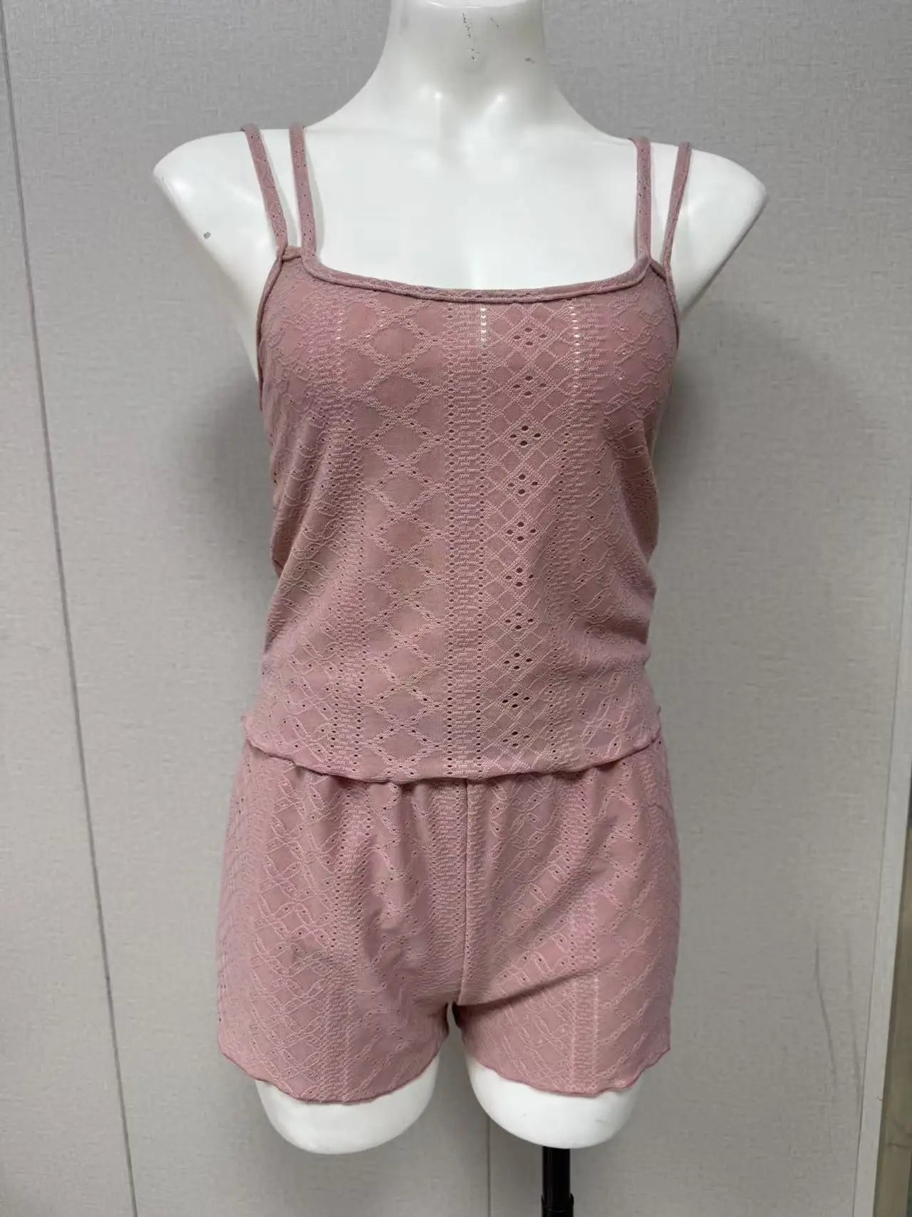 Dam Pyjamasset – Genombrutet Stickad Topp med Axelband & Shorts, 4 Färger, S–1XL