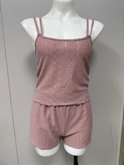 Dam Pyjamasset – Genombrutet Stickad Topp med Axelband & Shorts, 4 Färger, S–1XL