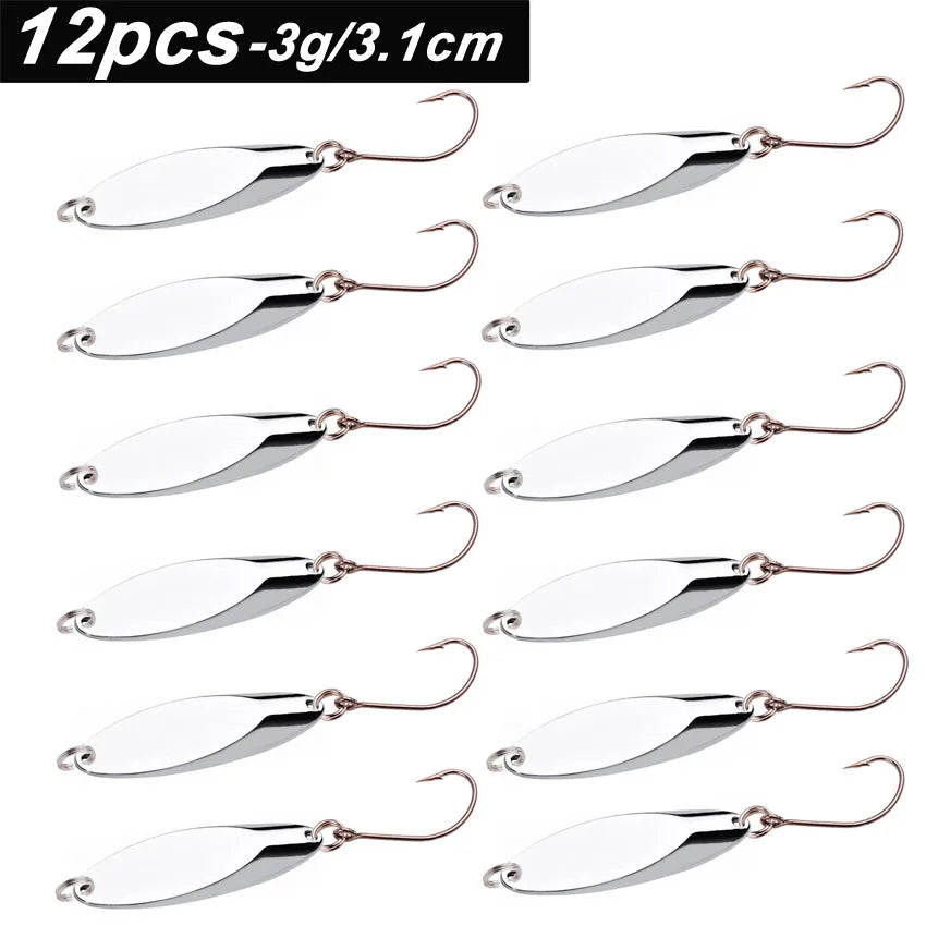 12pcs Metal Spinner Spoon Lures Trout Fishing Lure Hard Bait Sequins Paillette Artificial Baits Spinnerbait Fish Tools 1.5g-56g