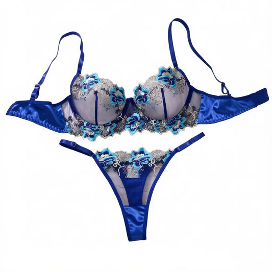 Dam Lingeri-set Blommig Brodyr 2026 – Push-up BH & Thong Sexig Spets | S–XL