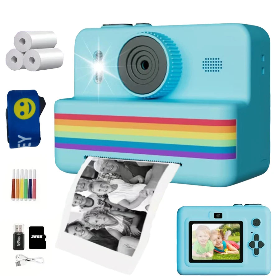 2.8-inch screen instant printing toy camera with 32GB SD card, 3 rolls of printing paper, portable high-definition camera, insta