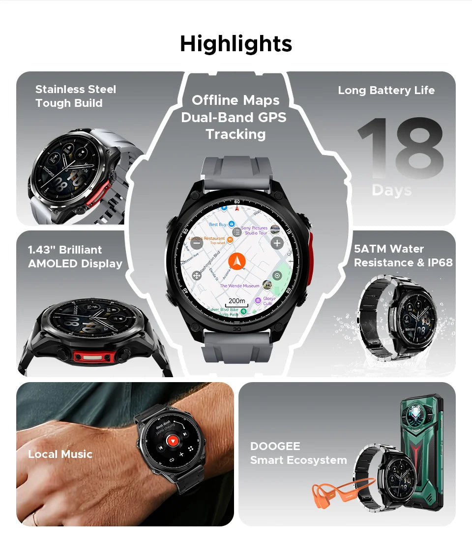 DOOGEE ANYWISE W1 PRO Smartwatch 1.43'' 5ATM Water Resistance 178 Sports Modes Health Monitoring Geomagnetic Sensor Offline Maps