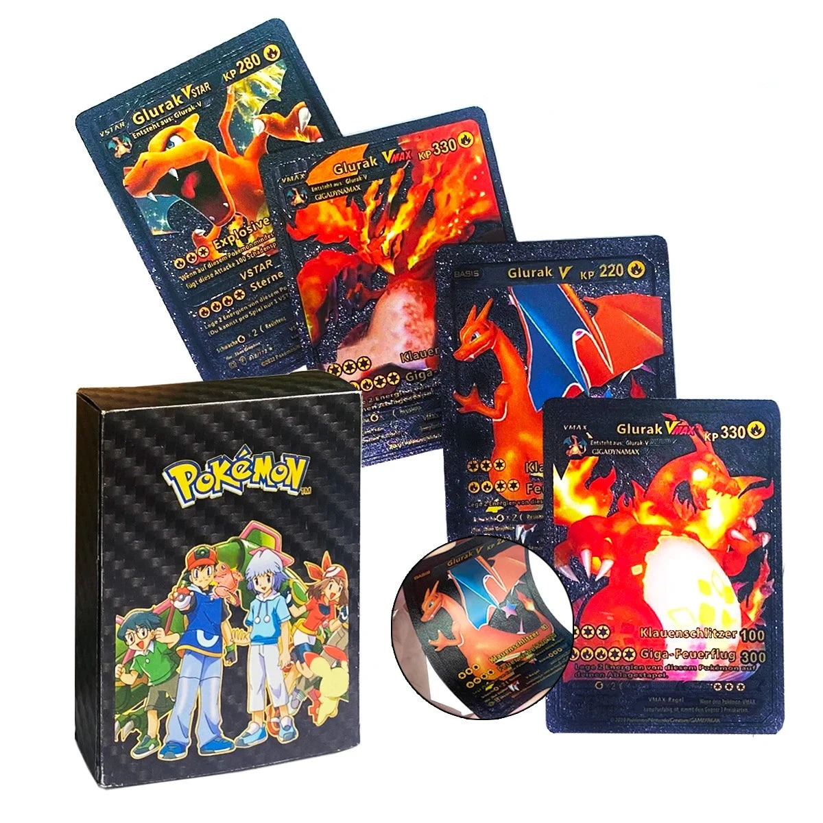 •55 pcs Pokemon Metal Gold Black Vmax GX Card Box Mewtwo Charizard Pikachu Rare Collection Battle Trainer Children Toys Gift