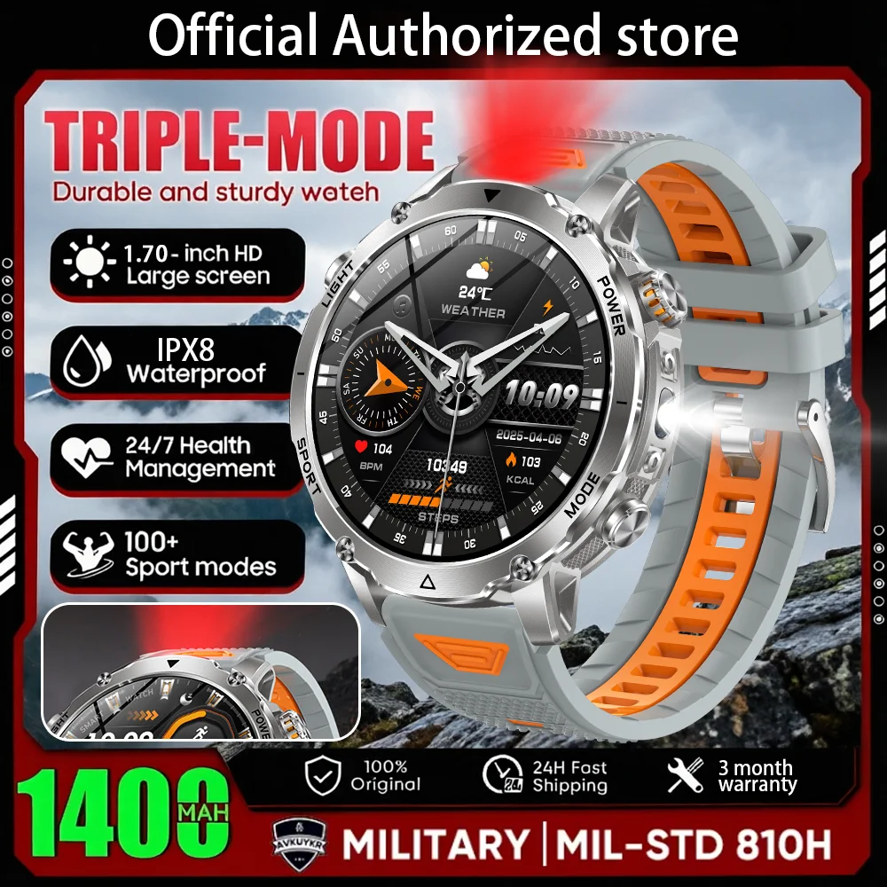 New 1400 mAh Battery Military Smartwatch Men IP68 Waterproof Flashlight Health Monitor Sports Call Smart Watch For iOS Android