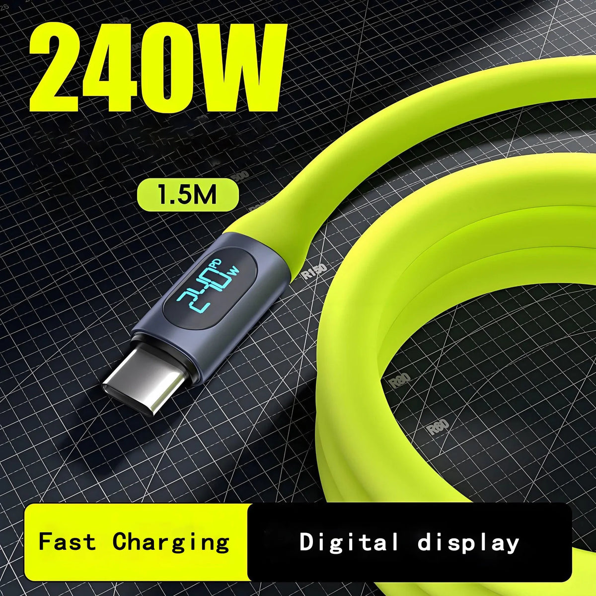 USB-C-laddkabel med digital effektmätare – 100 W/240 W, 1,5 m