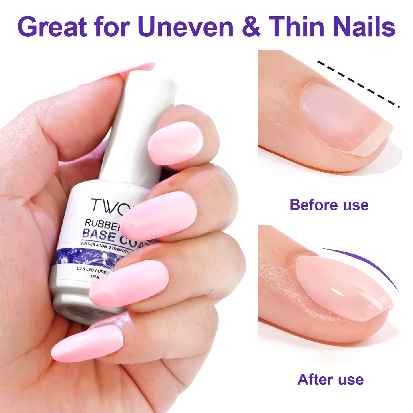 TWOING Rubber Base Coat & No Wipe Top Coat Set 15ml+15ml, Builder Base Gel, Diamond Shine, UV LED Soak Off, Long-Lasting
