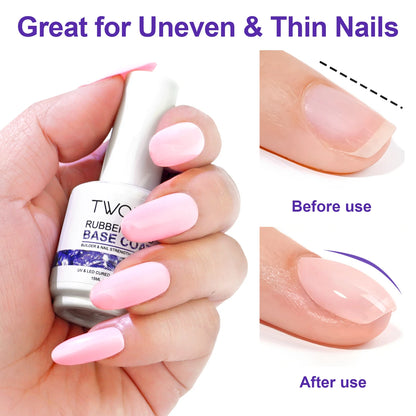 TWOING Rubber Base Coat & No Wipe Top Coat Set 15ml+15ml, Builder Base Gel, Diamond Shine, UV LED Soak Off, Long-Lasting