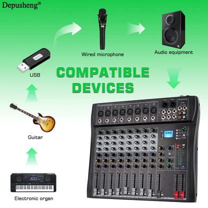Audio Mixer 6/8/12 Channels Professional DJ Mixer LR Microphone/Line Input, AUX, FX Processor MP3, Headphones, +48V Phantom