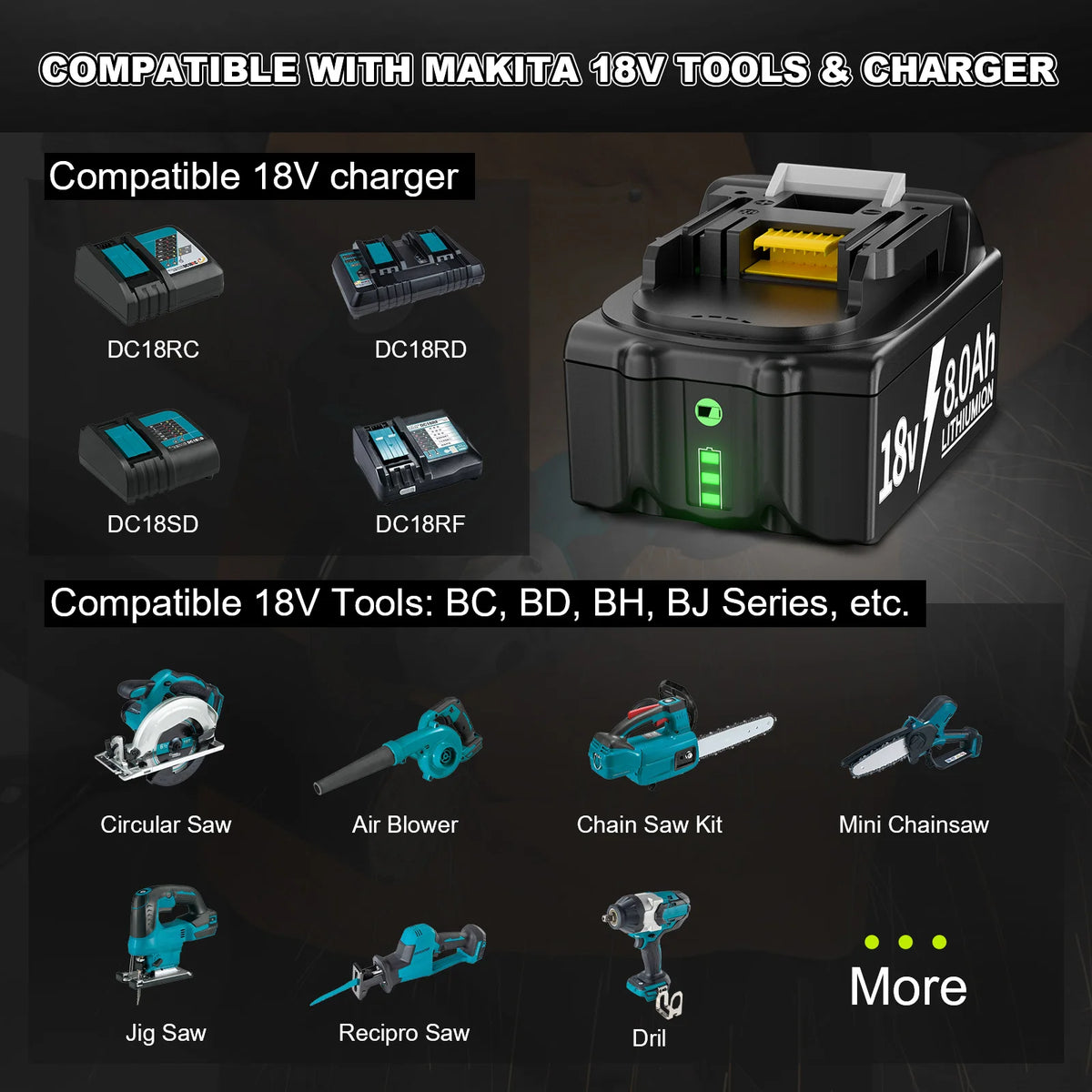Ersättningsbatteri 18V 8000mAh för Makita BL1830 med laddare