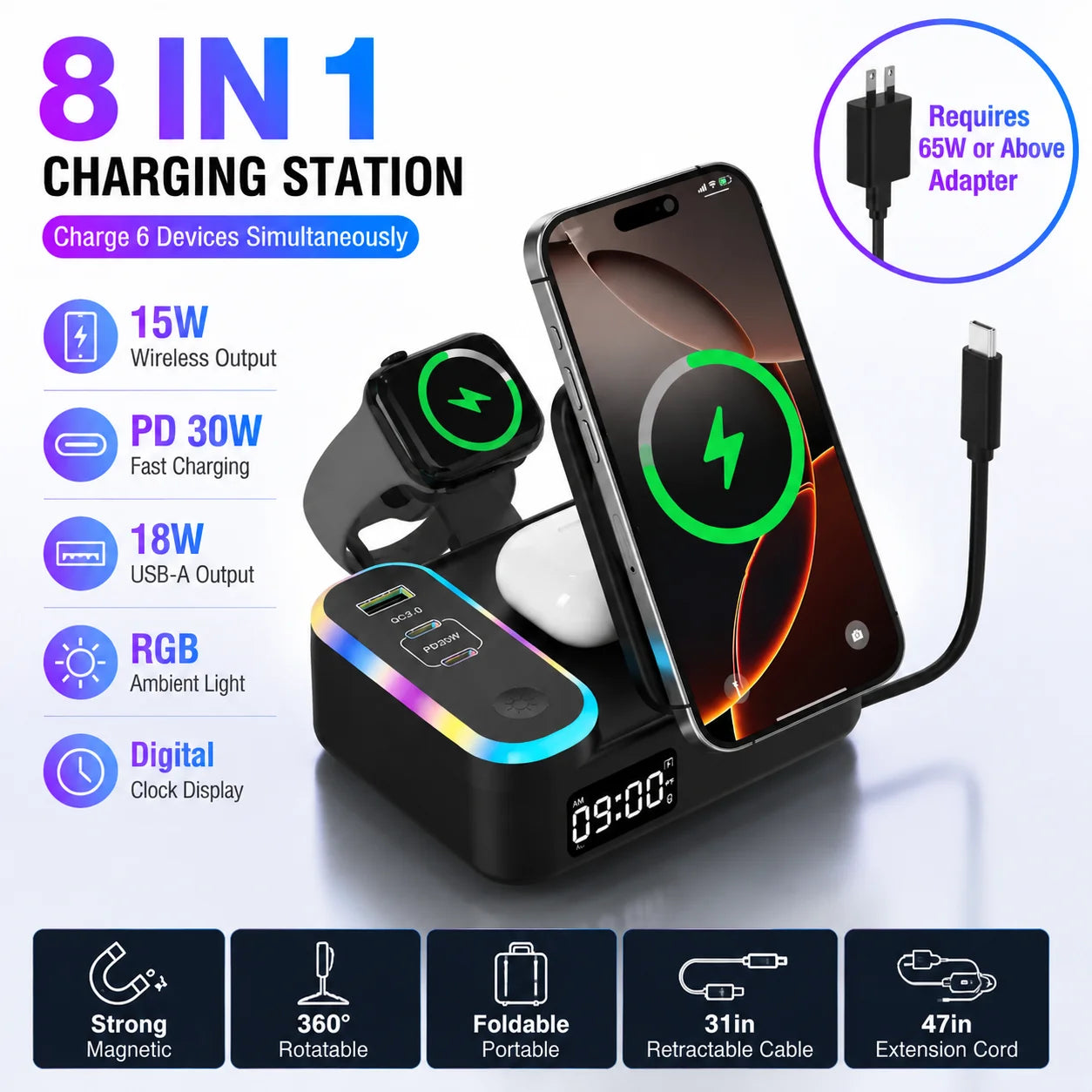 LYNXZ 8-i-1 Magnetisk Trådlös Laddstation 15W – RGB MagSafe PD30W USB-C iPhone AirPods Apple Watch Vit Svart