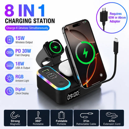 LYNXZ 8-i-1 Magnetisk Trådlös Laddstation 15W – RGB MagSafe PD30W USB-C iPhone AirPods Apple Watch Vit Svart