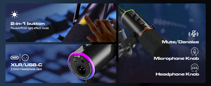 XLR/USB Gaming Microphone Kit: Dynamic PC Mic for Streaming Podcasting,  Mute Button, Reverb Effects, RGB Computer Mic with Arm
