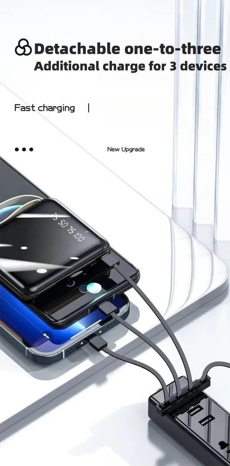 VIVO Mini Powerbank med 4 Inbyggda Kablar – Snabbladdning LED-display Dual USB Svart Vit Röd 50000/100000/200000mAh