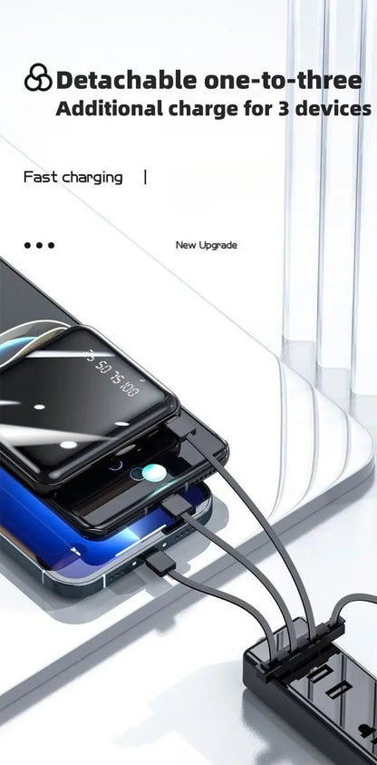 VIVO Mini Powerbank med 4 Inbyggda Kablar – Snabbladdning LED-display Dual USB Svart Vit Röd 50000/100000/200000mAh