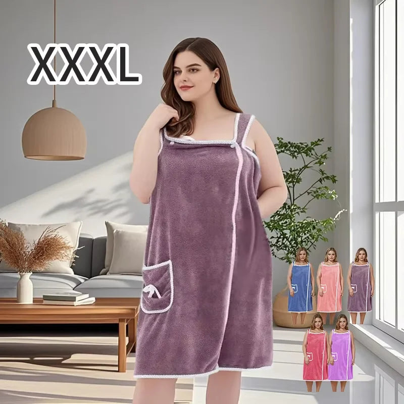 1Pc Women's Plus Size Wearable Bath Towel - Cute Bow Shower Skirt, Adjustable Bath Robe with Pocket. Soft Fabric for Home Use.