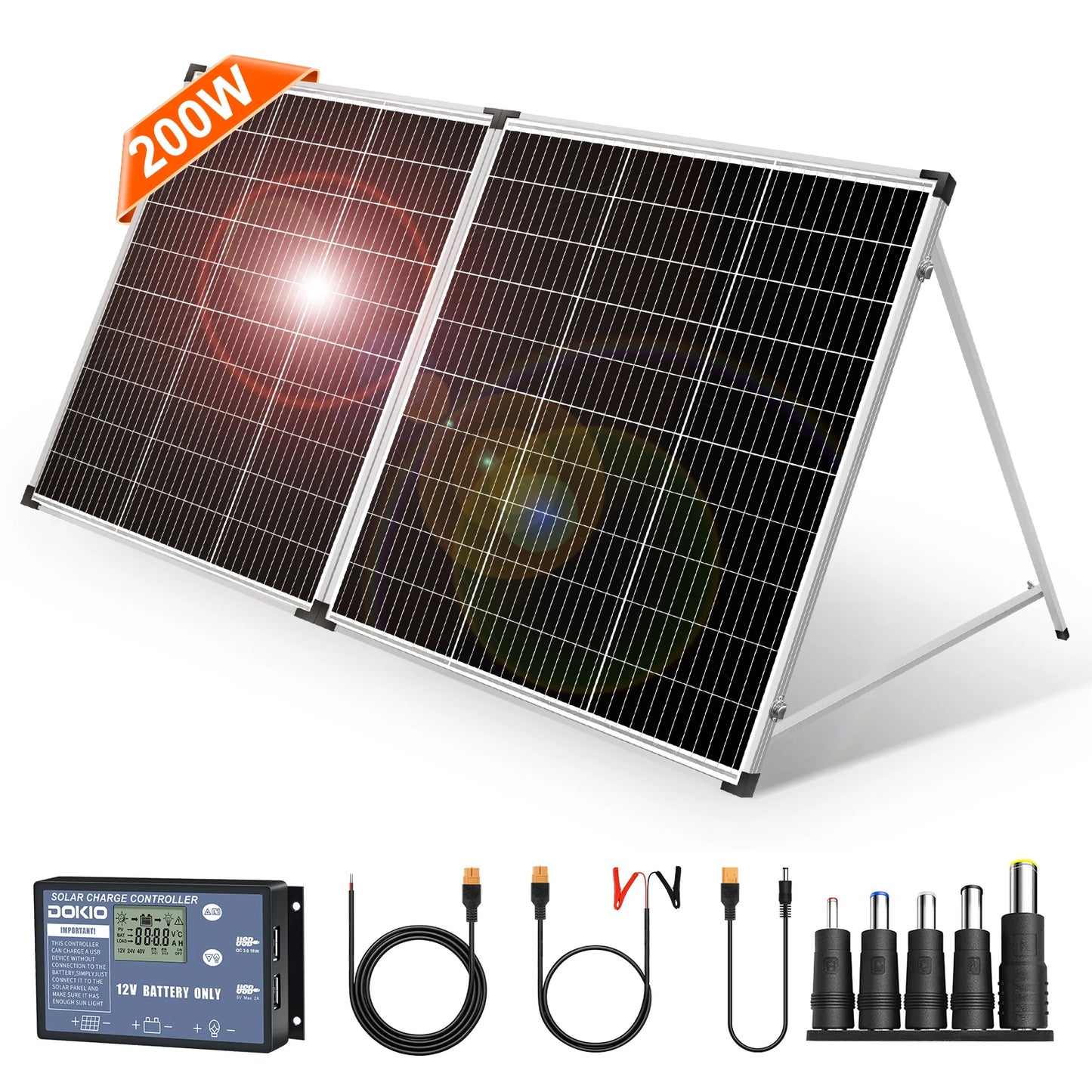 DOKIO Vikbar Solpanel 100W/160W/200W – Monokristallin Portabel Resväska med PWM-regulator, EU-lager