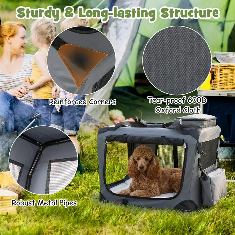 61/72/84/91cm Collapsible Soft Dog Crate with Mesh Windows for Small/Medium/Large Dogs and Cats-Grey-S
