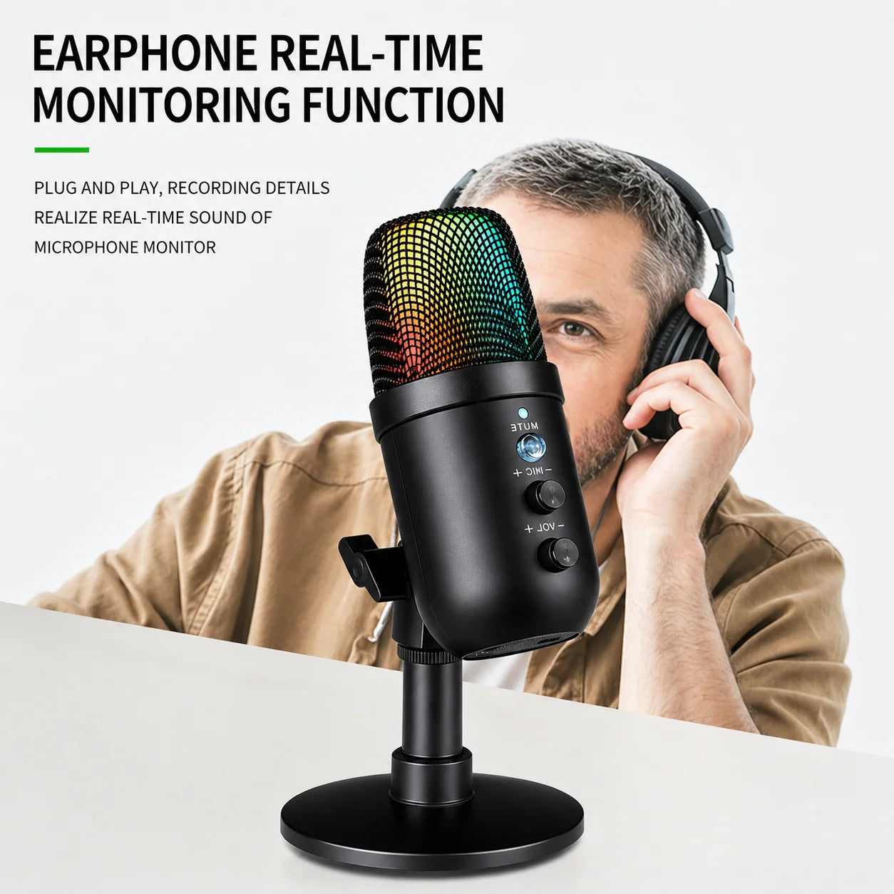 FUHAM MU1000 USB Condenser Microphone RGB Gaming Mic Noise Cancelling One Key Mute for Streaming Recording Conference PC