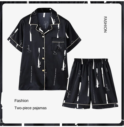Fashion Summer Autumn 3 Piece Silk Men Pajamas Set Short Sleeve Shorts Oversize Homewear Lapel Collar Loungewear Pijamas for Man