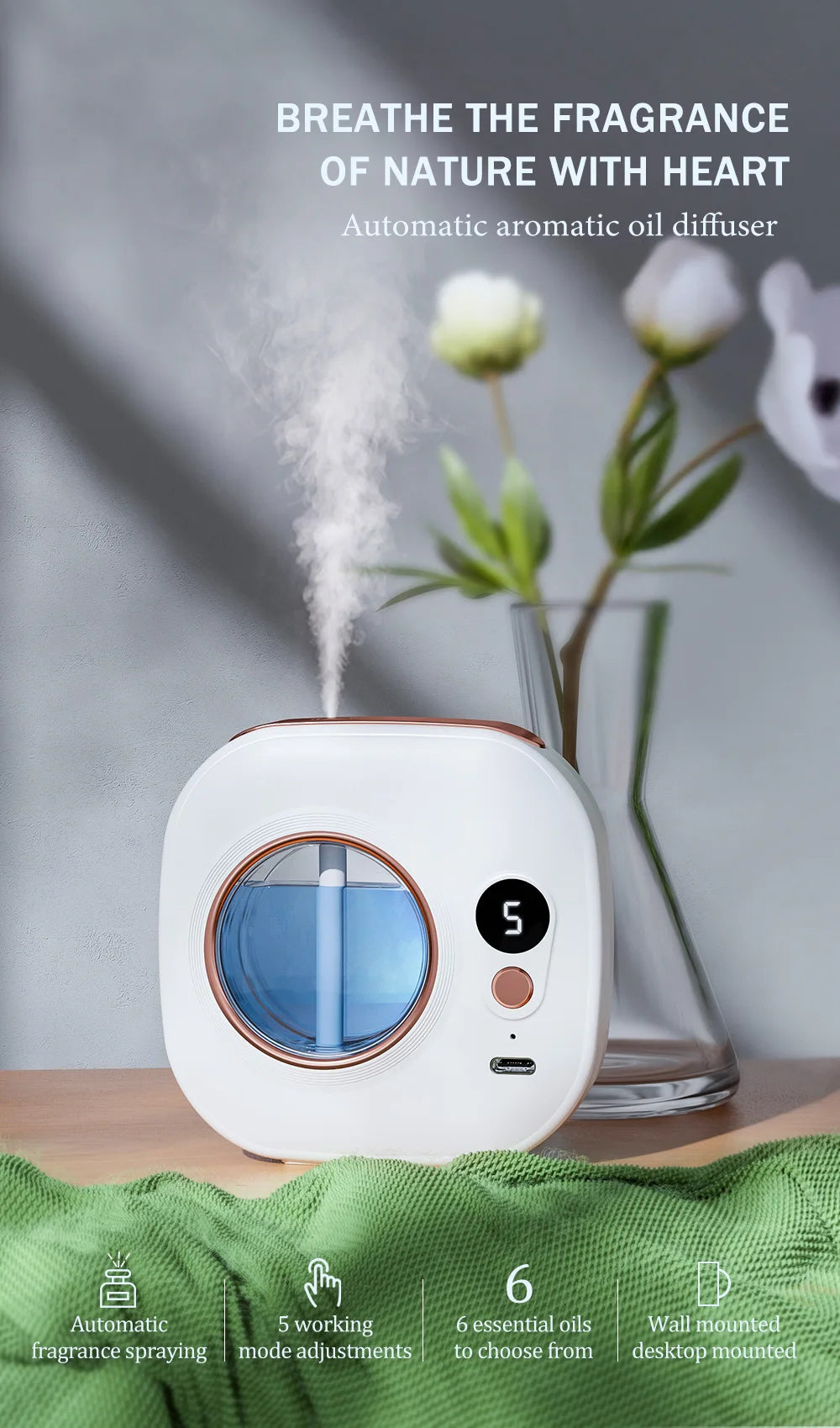 Rechargeable automatic aroma diffuser, essential oil diffuser, aroma essential oil, hotel bathroom aroma machine gift
