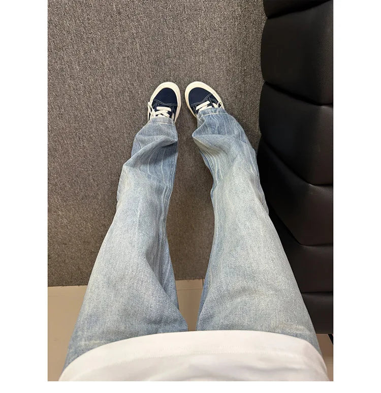 Washed Lightning Print Curved Flare Jeans For Male American Autumn Casual Fashion High Street Men Men Straight Leg Denim Pants