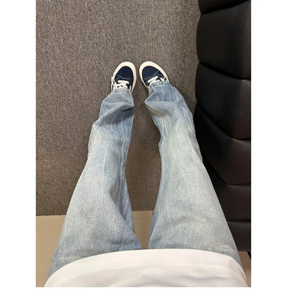 Washed Lightning Print Curved Flare Jeans For Male American Autumn Casual Fashion High Street Men Men Straight Leg Denim Pants
