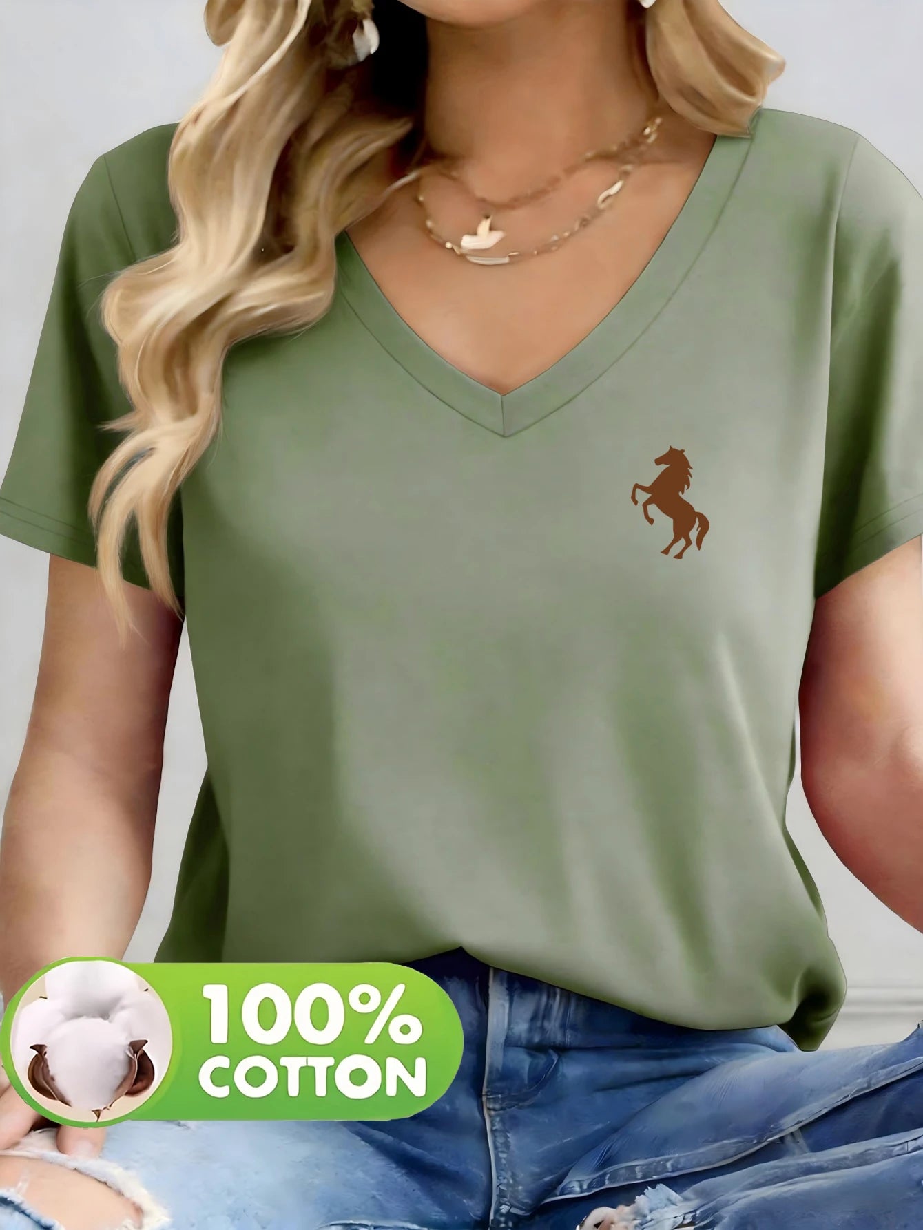 100% Cotton Material, 1 Pack, Women’s Solid-Colored Printed V-Neck T-Shirt, Cotton Fabric, Comfortable and Breathable