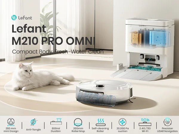 Lefant M265 Robot Vacuum Cleaner and Mop, 20,000Pa Suction, 800ml Dustbin, 28cm Mini Roller Robot Vacuum with Instant Automatic Cleaning, 5G WiFi/APP/Alexa