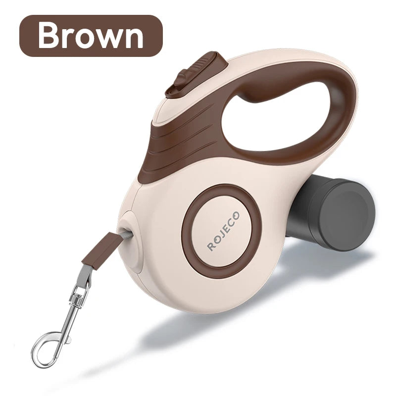 ROJECO Indraget Hundkoppel 3–5 m – Automatisk Lina för Små & Stora Hundar, Brun/Röd/Blå