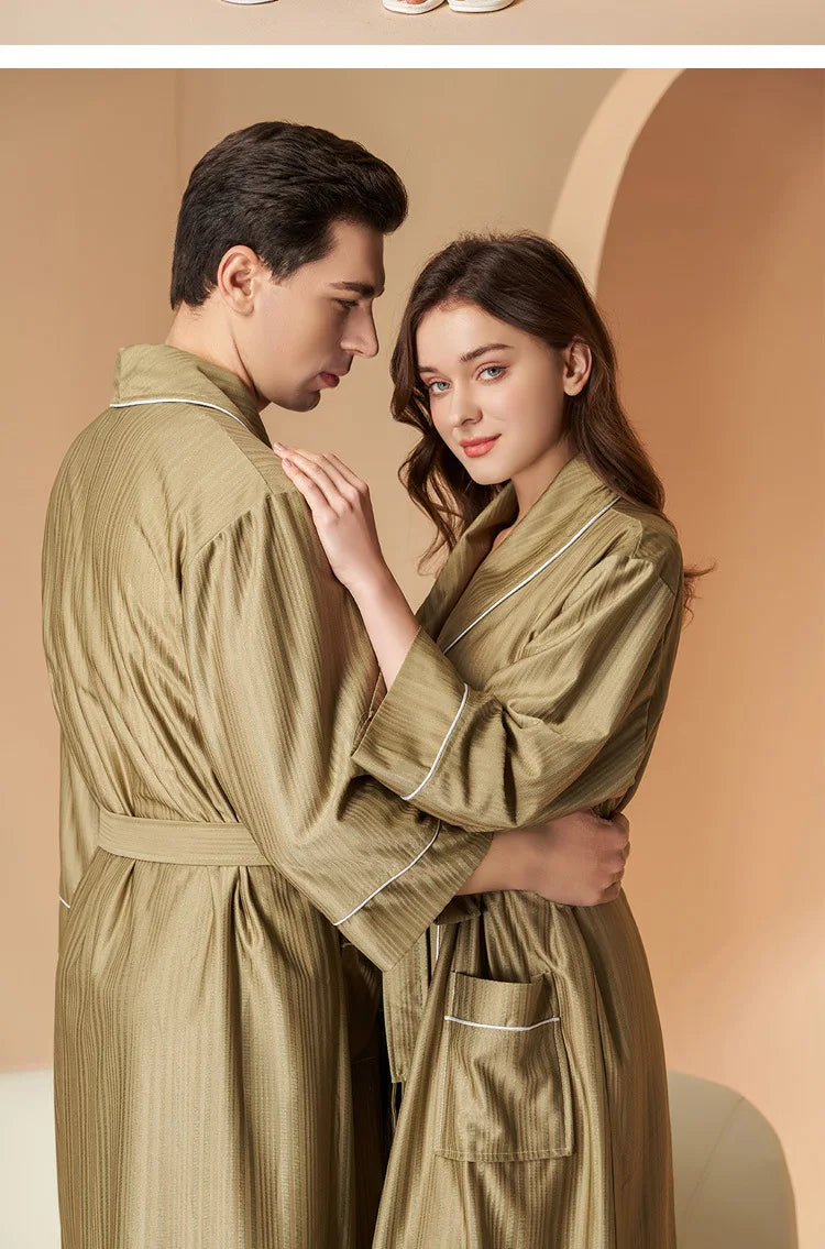 New Stripe Couple Bathrobe Cool Thin Spring Autumn Mid-Length Water Absorbent Loungewear Robe Men Women Luxury Home Nightgown