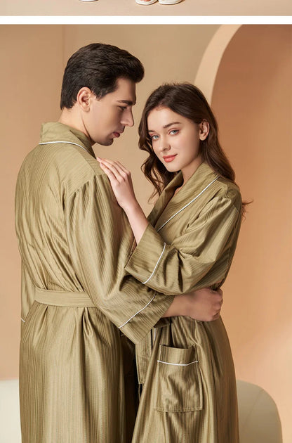 New Stripe Couple Bathrobe Cool Thin Spring Autumn Mid-Length Water Absorbent Loungewear Robe Men Women Luxury Home Nightgown