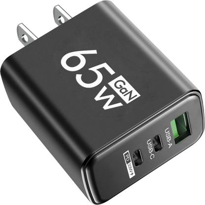 65W GaN-laddare med 3 Portar – USB-C PD och QC 3.0, Kompatibel med iPhone, Samsung och Xiaomi