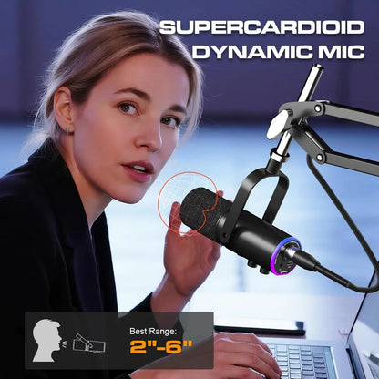 XLR/USB Gaming Microphone Kit: Dynamic PC Mic for Streaming Podcasting,  Mute Button, Reverb Effects, RGB Computer Mic with Arm