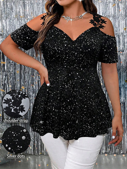 Plus Size Glitter Peplum Top Cold-Shoulder Stretchy Party Blouse Glam Evening Top