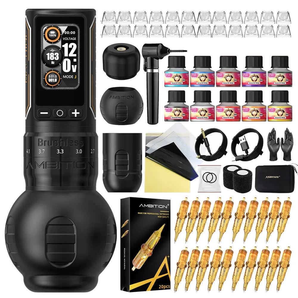 Ambition Ninja Max 280 Wireless Tattoo Machine Pen Full Kit Adjustable Stroke Brushless Motor 20pcs Mixed Needle 10 Inks Set