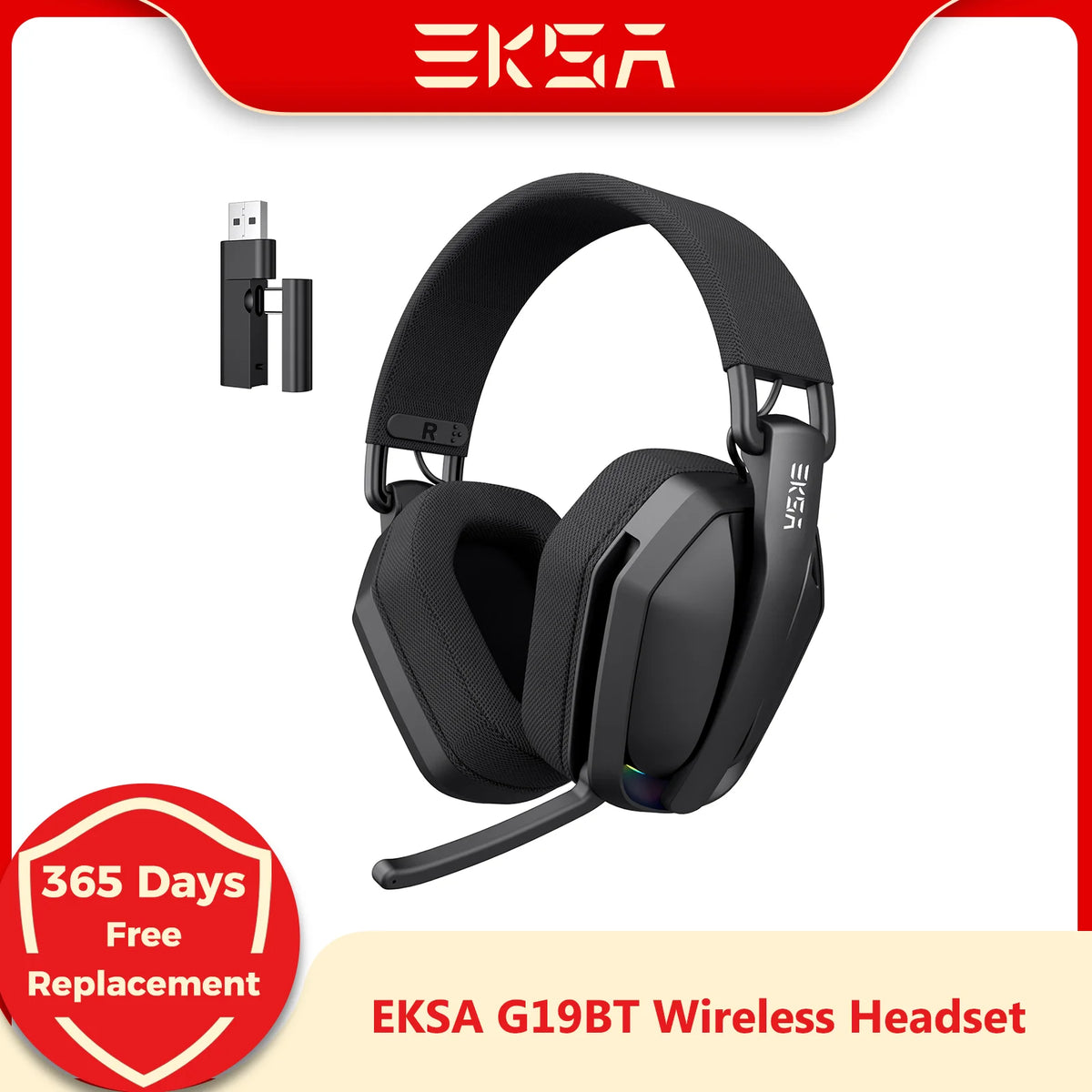 EKSA G19BT 2.4GHz Wireless Gaming Headphones Bluetooth 5.4 3.5mm Headset 30ms Low Latency 40mm RGB Hidden Mic 35H Foldable PC