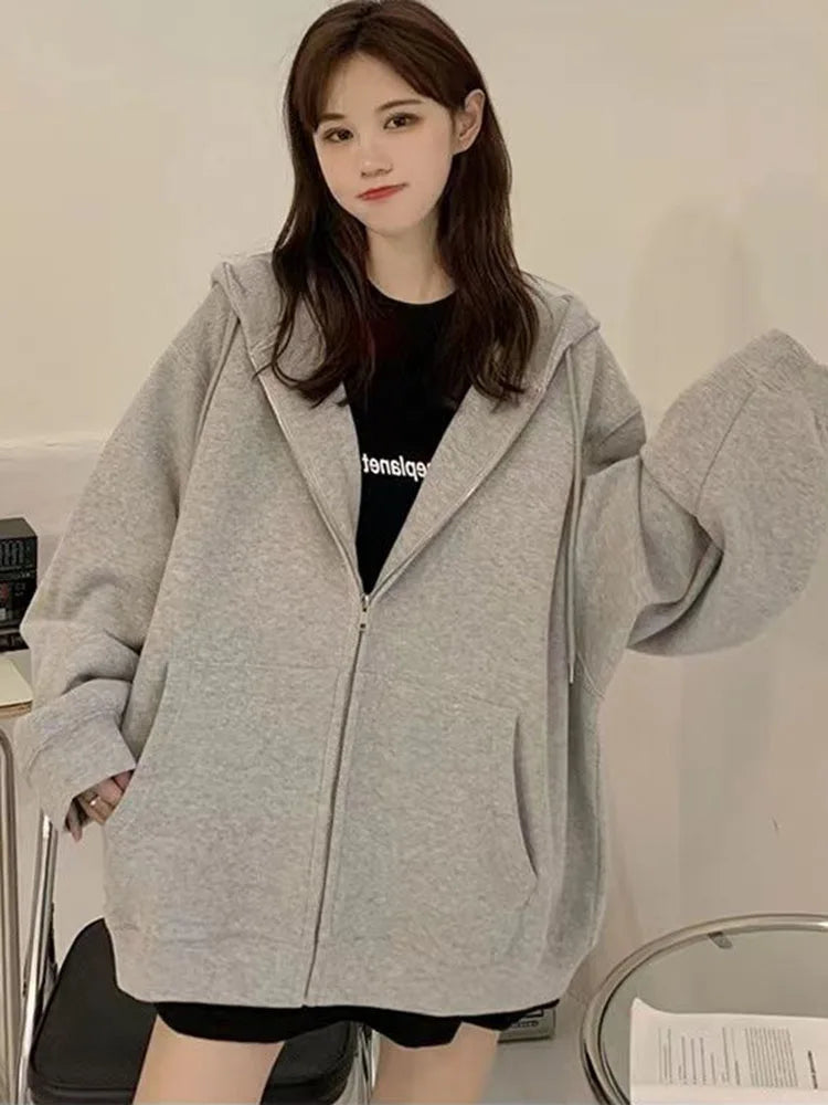 Korean Fashion Zipper Hood Sweatshirt Women Autumn Long Sleeve Tops Casual Y2K Hoodies Streetwear Harajuku Loose Jackets Coats