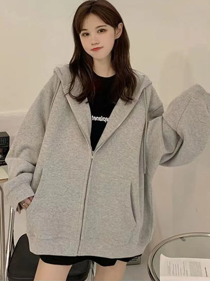Korean Fashion Zipper Hood Sweatshirt Women Autumn Long Sleeve Tops Casual Y2K Hoodies Streetwear Harajuku Loose Jackets Coats