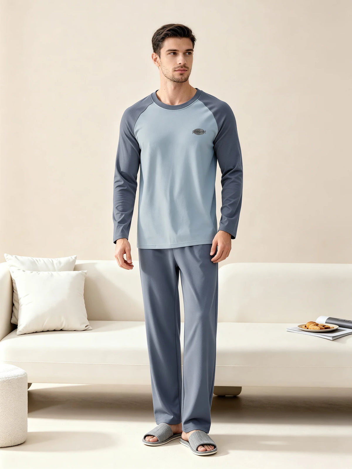 Herr Pyjamas 100% Bomull Långärmad – Fyra Säsonger Plus Size Tonår Hemmaset, L–3XL