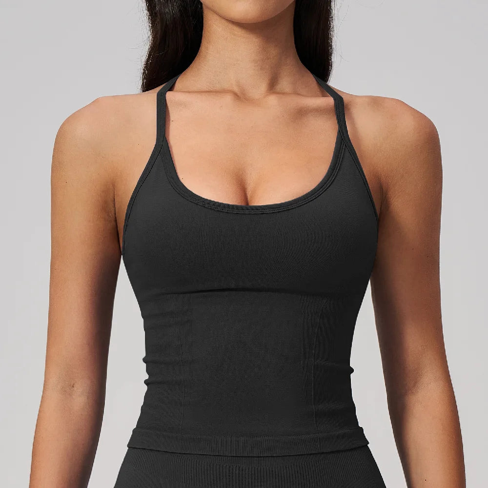 Summer New Yoga Vest Women Workout Crop Tops Cross Back Strap Fitness Bra Shockproof Sports Halter Workout Bra Push Up Yoga Vest
